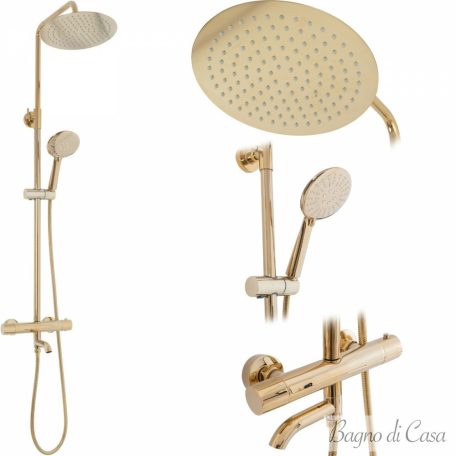 Lungo termosztásos zuhanyszett esőztetővel, kézi zuhannyal és csappal világos arany szín